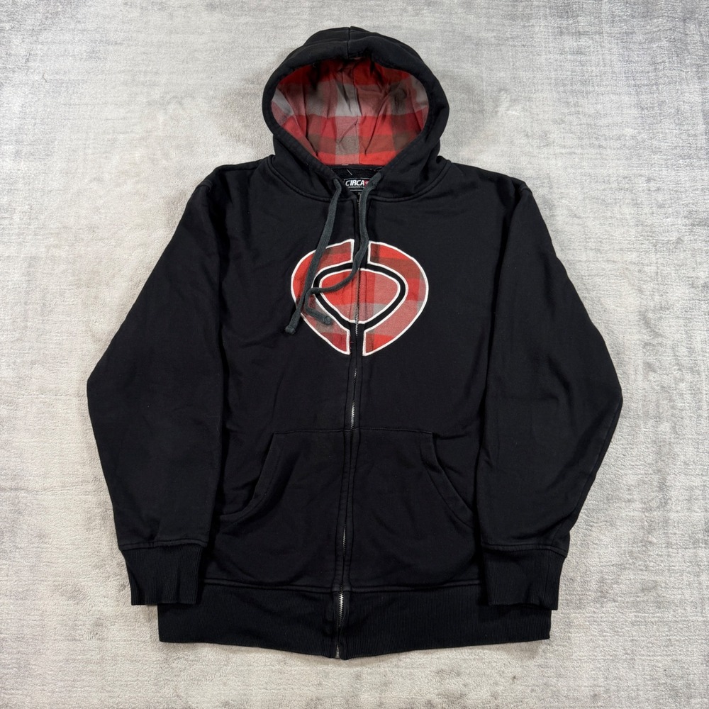 Circa Sweatshirt Mens Medium Black Plaid Vtg Y2K Logo Zip Up Hoodie Skateboard